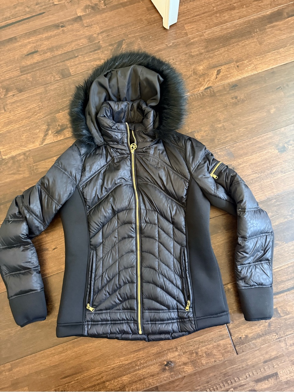 MICHAEL Michael Kors Black Quilted Hooded Puffer with Faux Fur Trim